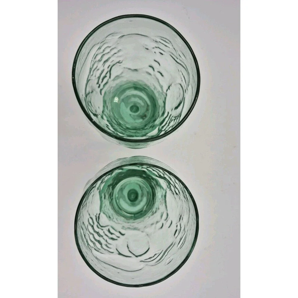 Set of 2 VTG Libbey Glass Orchard Fruit Pattern Green Tinted Footed Goblets 7